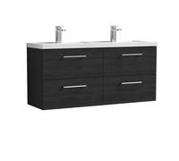 Nuie Arno Woodgrain Wall Hung 4 Drawer Vanity Unit and Double Polymarble Basins | Charcoal Black | MDF | 1200mm