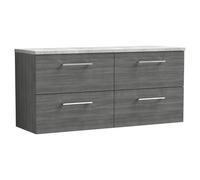 Nuie Arno Woodgrain Wall Hung 4 Drawer Vanity Unit with Bellato Grey Worktop | Anthracite | MFC | 1200mm
