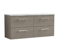 Nuie Arno Woodgrain Wall Hung 4 Drawer Vanity Unit with Bellato Grey Worktop | Solace Oak | MFC | 1200mm