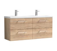 nuie ARN3024F Arno Modern Bathroom Wall Hung 4 Soft Close Drawer Vanity Unit and Double Ceramic Basin, 1200mm, Bleached Oak Woodgrain