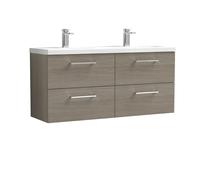 Nuie Arno Woodgrain Wall Hung 4 Drawer Vanity Unit with Double Ceramic Basins | Solace Oak | MDF | 1200mm