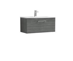 Nuie Arno Woodgrain Wall Hung Single Drawer Vanity Unit and Curved Ceramic Basin | Anthracite | MFC | 800mm