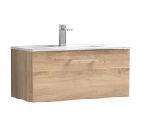 Nuie Arno Woodgrain Wall Hung Single Drawer Vanity Unit and Minimalist Ceramic Basin | Bleached Oak | MFC | 800mm