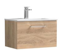 Nuie Arno Woodgrain Wall Hung Single Drawer Vanity Unit and Minimalist Ceramic Basin | Bleached Oak | MFC | 600mm