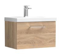 Nuie Arno Woodgrain Wall Hung Single Drawer Vanity Unit and Thin Edge Ceramic Basin | Bleached Oak | MFC | 600mm