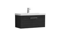 Nuie Arno Woodgrain Wall Hung Single Drawer Vanity Unit and Thin Edge Ceramic Basin | Charcoal Black | MDF | 800mm