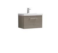 Nuie Arno Woodgrain Wall Hung Single Drawer Vanity Unit and Thin Edge Ceramic Basin | Solace Oak | MDF | 600mm