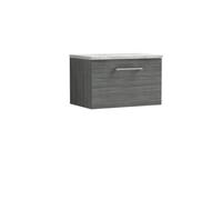 Nuie Arno Woodgrain Wall Hung Single Drawer Vanity Unit with Bellato Grey Worktop | Anthracite | MDF | 600mm