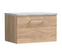 Nuie Arno Woodgrain Wall Hung Single Drawer Vanity Unit with Bellato Grey Worktop | Bleached Oak | MFC | 600mm