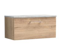 Nuie Arno Woodgrain Wall Hung Single Drawer Vanity Unit with Bellato Grey Worktop | Bleached Oak | MFC | 800mm