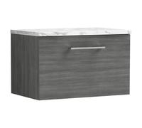 Nuie Arno Woodgrain Wall Hung Single Drawer Vanity Unit with Carrera Marble Laminate Worktop | Anthracite | MFC | 600mm