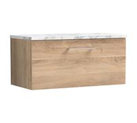 Nuie Arno Woodgrain Wall Hung Single Drawer Vanity Unit with Carrera Marble Laminate Worktop | Bleached Oak | MFC | 800mm