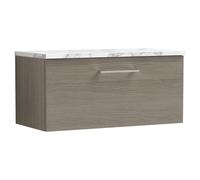Nuie Arno Woodgrain Wall Hung Single Drawer Vanity Unit with Carrera Marble Laminate Worktop | Solace Oak | MFC | 800mm