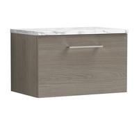 Nuie Arno Woodgrain Wall Hung Single Drawer Vanity Unit with Carrera Marble Laminate Worktop | Solace Oak | MFC | 600mm