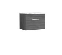 nuie ATH039LCM Athena Modern Bathroom Wall Hung Single Soft Close Drawer Vanity Unit and Carrera Marble Laminate Worktop, 600mm, Anthracite Woodgrain