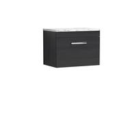 nuie ATH040LCM Athena Modern Bathroom Wall Hung Single Drawer Vanity Unit and Carrera Marble Laminate Worktop, 600mm, Charcoal Black Woodgrain