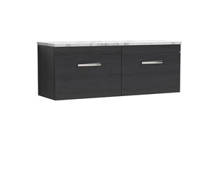 nuie ATH040LCM2 Athena Modern Bathroom Wall Hung 2 Soft Close Drawer Vanity Unit and Carrera Marble Laminate Worktop, 1200mm, Charcoal Black Woodgrain