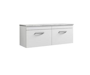 nuie ATH041LBG2 Athena Modern Bathroom Wall Hung 2 Soft Close Drawer Vanity Unit and Bellato Grey Laminate Worktop, 1200mm, Gloss White