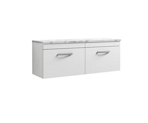 nuie ATH041LCM2 Athena Modern Bathroom Wall Hung 2 Soft Close Drawer Vanity Unit and Carrera Marble Laminate Worktop, 1200mm, Gloss White