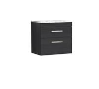 nuie ATH047LCM Athena Modern Bathroom Wall Hung 2 Soft Close Drawer Vanity Unit and Carrera Marble Laminate Worktop, 600mm, Charcoal Black Woodgrain