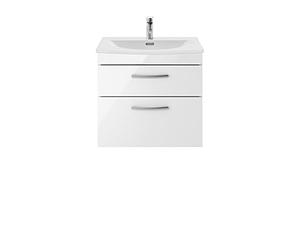 nuie ATH048G Athena Modern Bathroom Wall Hung 2 Soft Close Drawers Vanity Unit with Curved Ceramic Basin with 30mm Profile, 600mm, Gloss White