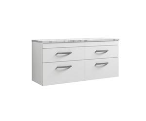 nuie ATH048LCM2 Athena Modern Bathroom Wall Hung 4 Soft Close Drawer Vanity Unit and Carrera Marble Laminate Worktop, 1200mm, Gloss White