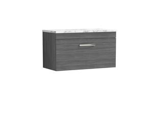 nuie ATH060LCM Athena Modern Bathroom Wall Hung Single Soft Close Drawer Vanity Unit and Carrera Marble Laminate Worktop, 800mm, Anthracite Woodgrain