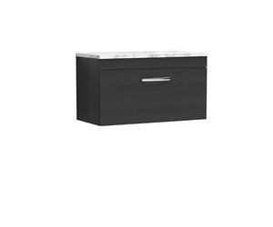 nuie ATH061LCM Athena Modern Bathroom Wall Hung Single Drawer Vanity Unit and Carrera Marble Laminate Worktop, 800mm, Charcoal Black Woodgrain