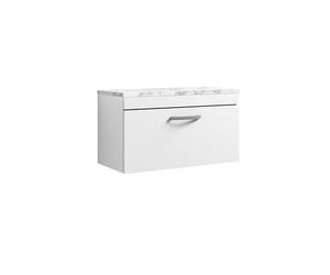 nuie ATH062LCM Athena Modern Bathroom Wall Hung Single Soft Close Drawer Vanity Unit and Carrera Marble Laminate Worktop, 800mm, Gloss White