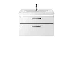 nuie ATH069G Athena Modern Bathroom Wall Hung 2 Soft Close Drawers Vanity Unit with Curved Ceramic Basin with 30mm Profile, 800mm, Gloss White