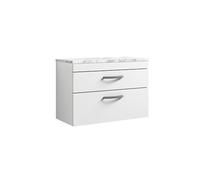 nuie ATH069LCM Athena Modern Bathroom Wall Hung 2 Soft Close Drawer Vanity Unit and Carrera Marble Laminate Worktop, 800mm, Gloss White