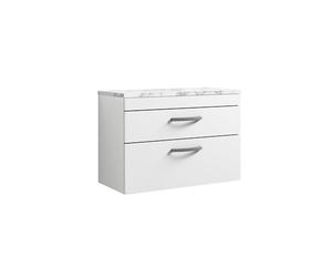 nuie ATH069LCM Athena Modern Bathroom Wall Hung 2 Soft Close Drawer Vanity Unit and Carrera Marble Laminate Worktop, 800mm, Gloss White