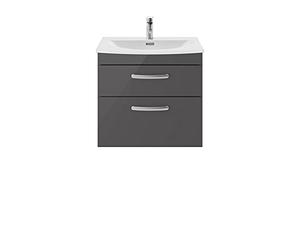 nuie ATH078G Athena Modern Bathroom Wall Hung 2 Soft Close Drawers Vanity Unit with Curved Ceramic Basin with 30mm Profile, 600mm, Gloss Grey