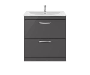 nuie ATH079G Athena Modern Bathroom Floor Standing 2 Soft Close Drawers Vanity Unit with Curved Ceramic Basin with 30mm Profile, 800mm, Gloss Grey