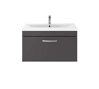 Nuie ATH080A Athena ǀ Modern Bathroom Wall Hung Contemporary Single Soft Close Drawer Vanity Unit with One Tap Hole Mid Edge Deep Ceramic Basin, 800mm, Gloss Grey, Manufactured Wood