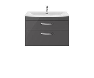 nuie ATH081G Athena Modern Bathroom Wall Hung 2 Soft Close Drawers Vanity Unit with Curved Ceramic Basin with 30mm Profile, 800mm, Gloss Grey