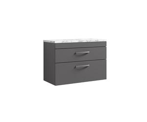 nuie ATH081LCM Athena Modern Bathroom Wall Hung 2 Soft Close Drawer Vanity Unit and Carrera Marble Laminate Worktop, 800mm, Gloss Grey