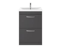Nuie Athena 2 Drawer Vanity Unit and Thin Edge Ceramic Basin | Gloss Grey | MDF | 600mm