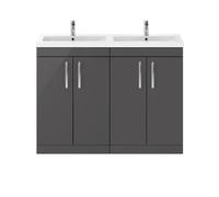 Nuie Athena 4 Door Vanity Unit and Double Ceramic Basins | Gloss Grey | MDF | 1200mm