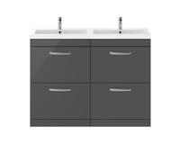 Nuie Athena 4 Drawer Vanity Unit and Double Ceramic Basins | Gloss Grey | MDF | 1200mm
