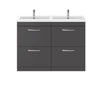 Nuie Athena 4 Drawer Vanity Unit and Double Polymarble Basins | Gloss Grey | MDF | 1200mm