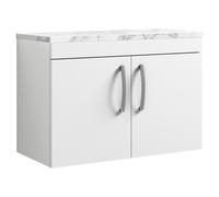Nuie Athena Wall Hung 2 Door Vanity Unit with Carrera Marble Laminate Worktop | Gloss White | MFC | 800mm