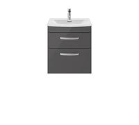 Nuie Athena Wall Hung 2 Drawer Vanity Unit and Curved Ceramic Basin | Gloss Grey | MDF | 500mm