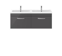Nuie Athena Wall Hung 2 Drawer Vanity Unit and Double Ceramic Basins | Gloss Grey | MDF | 1200mm