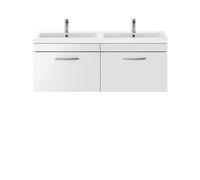 Nuie Athena Wall Hung 2 Drawer Vanity Unit and Double Ceramic Basins | Gloss White | MDF | 1200mm
