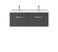 Nuie Athena Wall Hung 2 Drawer Vanity Unit and Double Polymarble Basins | Gloss Grey | MDF | 1200mm