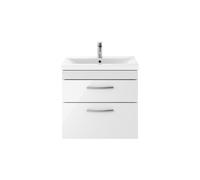 Nuie Athena Wall Hung 2 Drawer Vanity Unit and Mid Edge Ceramic Basin | Gloss White | MDF | 600mm