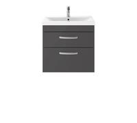 Nuie Athena Wall Hung 2 Drawer Vanity Unit and Minimalist Ceramic Basin | Gloss Grey | MDF | 600mm