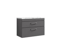 Nuie Athena Wall Hung 2-Drawer Vanity Unit With Laminate Worktop In Carrera Marble, Sleek Counter Top Vanity Unit In Gloss Grey