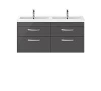 Nuie Athena Wall Hung 4 Drawer Vanity Unit and Double Ceramic Basins | Gloss Grey | MDF | 1200mm